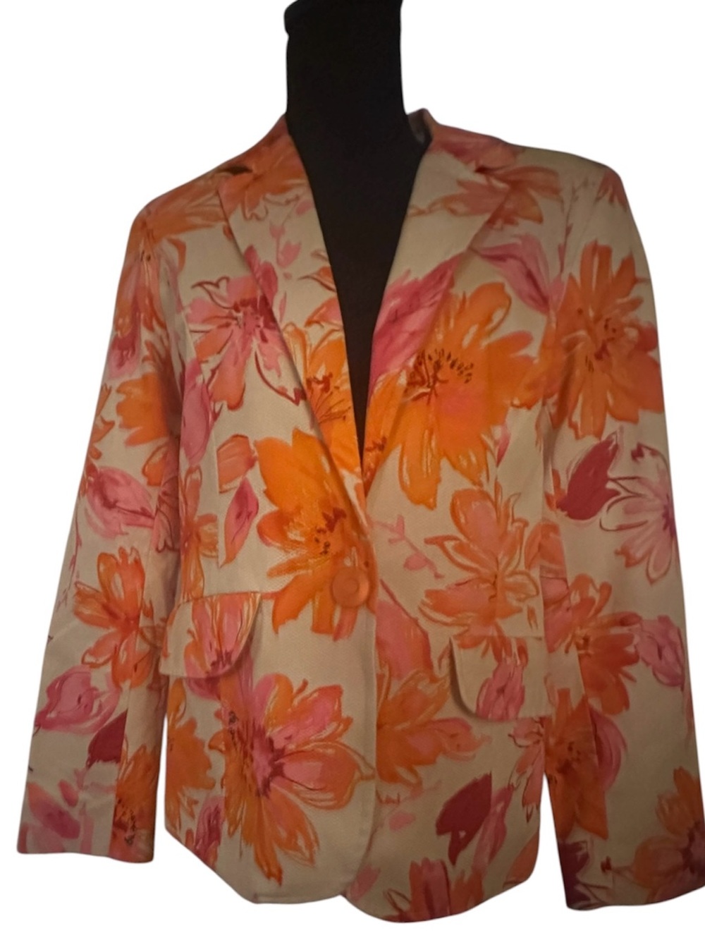Susan Graver Cream Blazer with Orange & Pink Floral Print